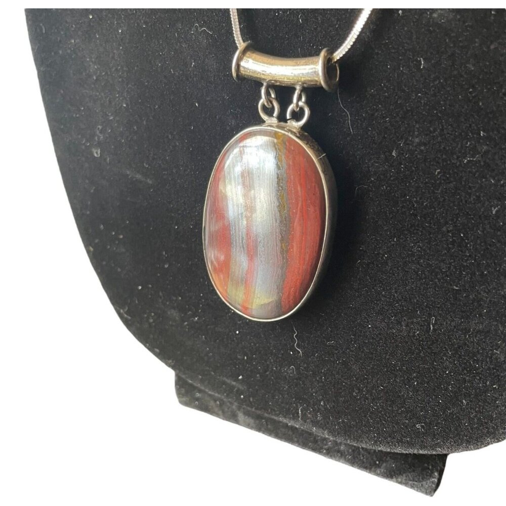Vintage Polished Jaspelite Pendant 925 Sterling Silver 24” Chain Made Italy